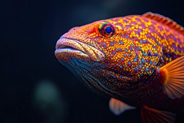 Fototapeta premium Mystic portrait of Honeycomb Grouper, copy space on right side, Close-up View, isolated on black background