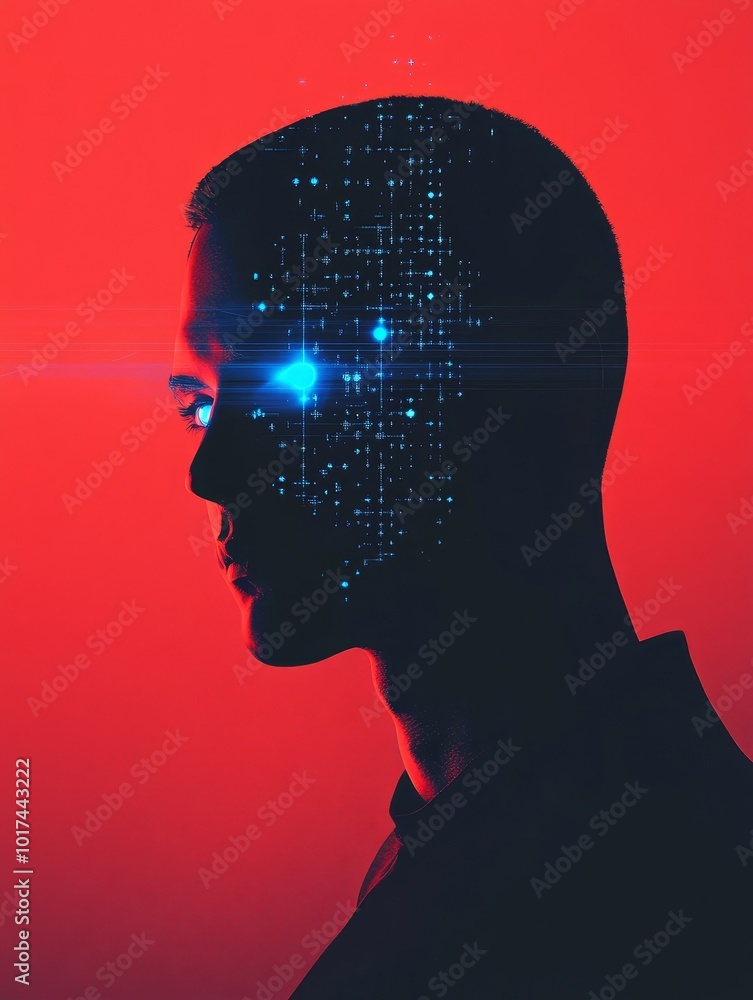 Poster a silhouette of a cybersecurity specialist with glowing binary code emanating from their head, symbo