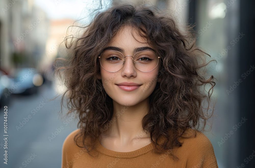 Sticker Portrait of a beautiful, smiling young woman with curly hair wearing glasses, standing on a street.