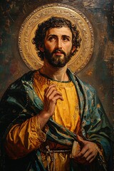 Naklejka premium St. Joseph's Day portrait: capturing essence of Joseph, father of Jesus Christ, in reverent depiction highlighting his role as devoted, guiding figure in Christian tradition