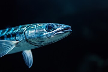 Fototapeta premium the beside view Great Barracuda, left side view, white copy space on right, Isolated on black Background