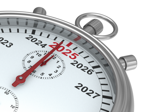 2025 year calendar on stopwatch. Isolated 3D illustration