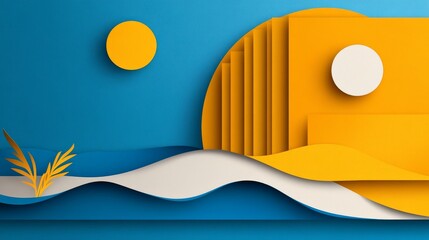 A vibrant and colorful abstract paper art design symbolizing the Bahamas Independence Day celebration. Featuring a sun, waves, and a sunset, this design celebrates the beauty and spirit of the Bahamas