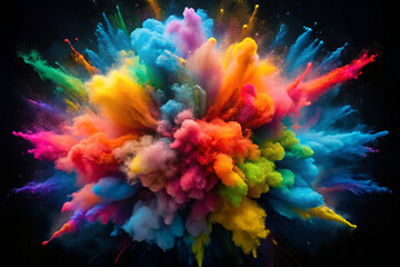 Obraz premium Vivid explosion of colorful powder paint creates stunning visual display, showcasing vibrant mix of primary colors in dynamic cloud formation