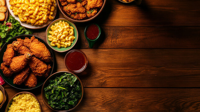 A table overflowing with soul food favorites like fried chicken, macaroni and cheese, collard greens, and cornbread, perfect for a family gathering.