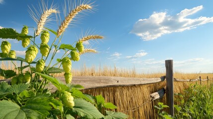 Fototapeta premium A vibrant summer scene featuring golden wheat stalks swaying gently amidst a field of lush green hops, symbolizing abundance, nature's beauty, agriculture, harvest, and growth.