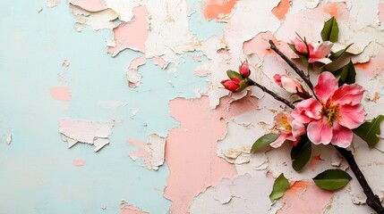 A vintage floral collage featuring a branch of pink flowers against a backdrop of peeling paint in soft blue, pink, and white hues. The image evokes a sense of nostalgia, beauty, and the passage of ti