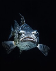 Obraz premium the Great Barracuda, portrait view, white copy space on right, Isolated on black Background