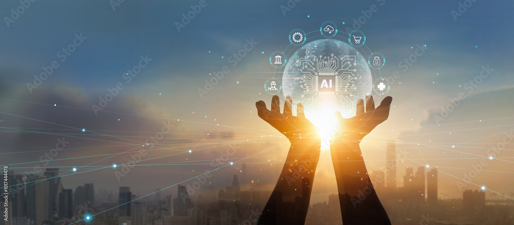 Fototapete Hand holding AI electronic circuit networking. Artificial intelligence and machine learning technology develops big data digital analytics, Smart solution. Futuristic technology transformation.