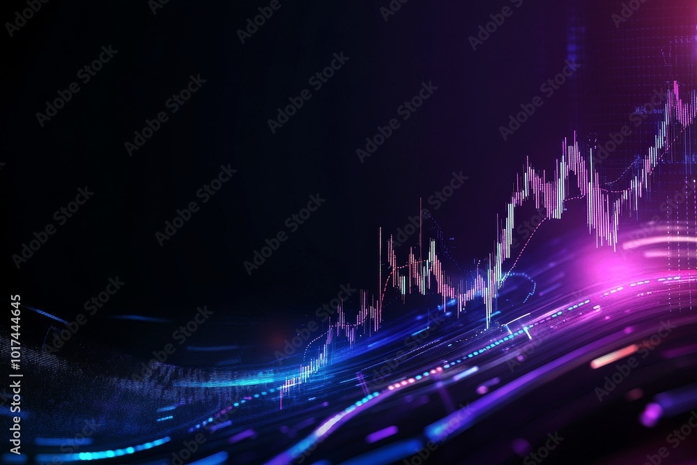 Wall mural abstract digital background with a purple and blue gradient featuring a rising stock chart, symboliz