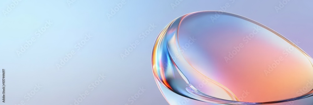 Poster abstract holographic background with iridescent colors, featuring a curved glass shape reflecting li