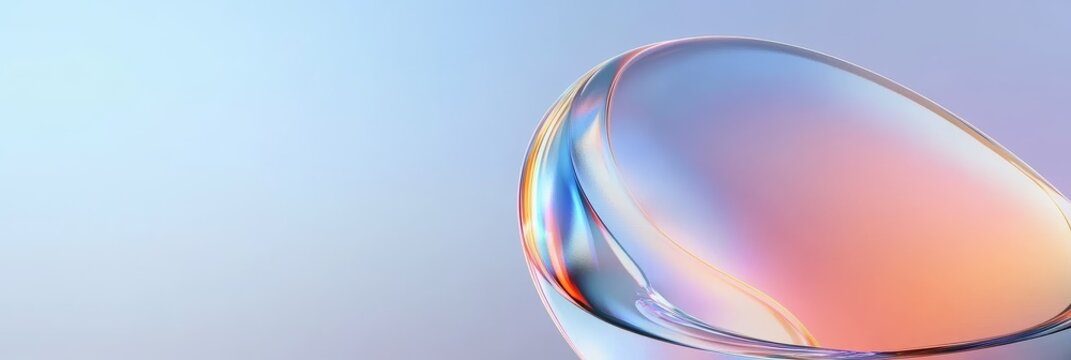 Abstract holographic background with iridescent colors, featuring a curved glass shape reflecting light in a beautiful display.  The colors are soft and ethereal, creating a sense of depth and dimensi