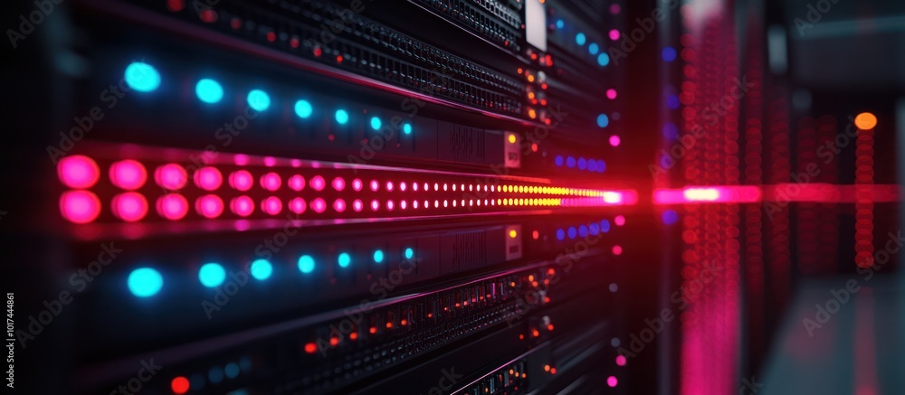 Poster close-up of a server rack with rows of glowing blue and red lights, showcasing the concept of data t