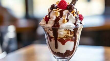 A decadent dessert with whipped cream, chocolate sauce, raspberries and nuts in a glass sundae dish.