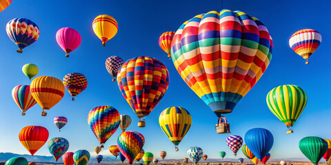 Obraz premium Colorful hot air balloons fill sky, creating vibrant spectacle against clear blue backdrop. This scene captures joy and excitement of ballooning adventures