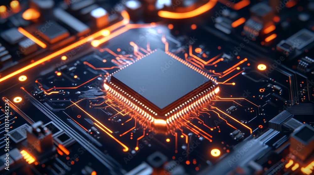 Poster close-up shot of a powerful processor chip with glowing orange circuits on a circuit board, symboliz