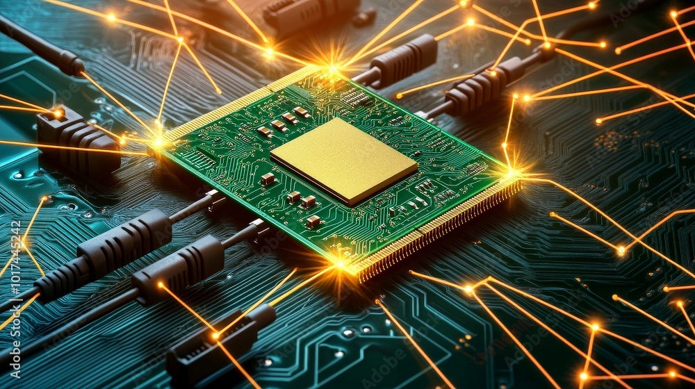 Poster close-up of a glowing computer chip on a circuit board
