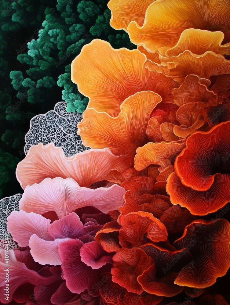 Poster delicate lace-like mycelium threads weave intricate patterns, creating a breathtaking display of nat