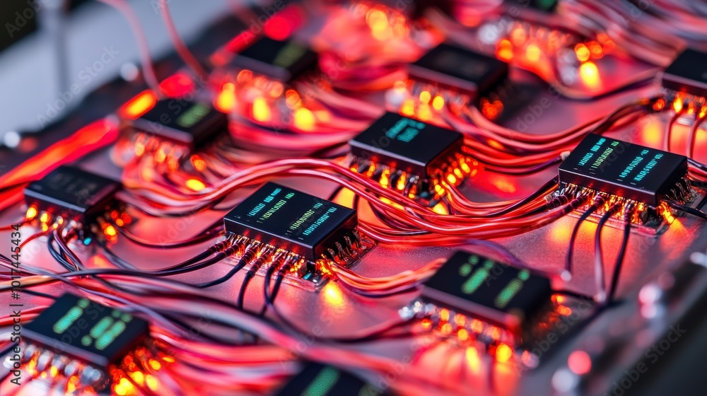 Poster integrated circuits connected with colorful wires on a circuit board