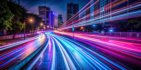 Fototapeta premium Vibrant neon light trails illuminate cityscape at night, showcasing dynamic movement and energy. long exposure captures essence of urban life and technology