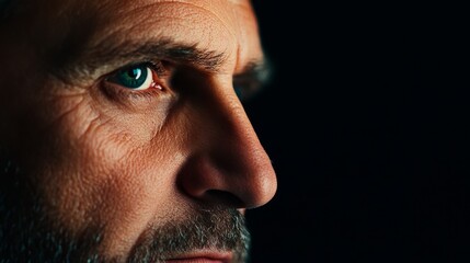 Obraz premium Focused Gaze: A Man's Determined Expression, capturing intensity, focus, willpower, purpose, and maturity through his piercing gaze.