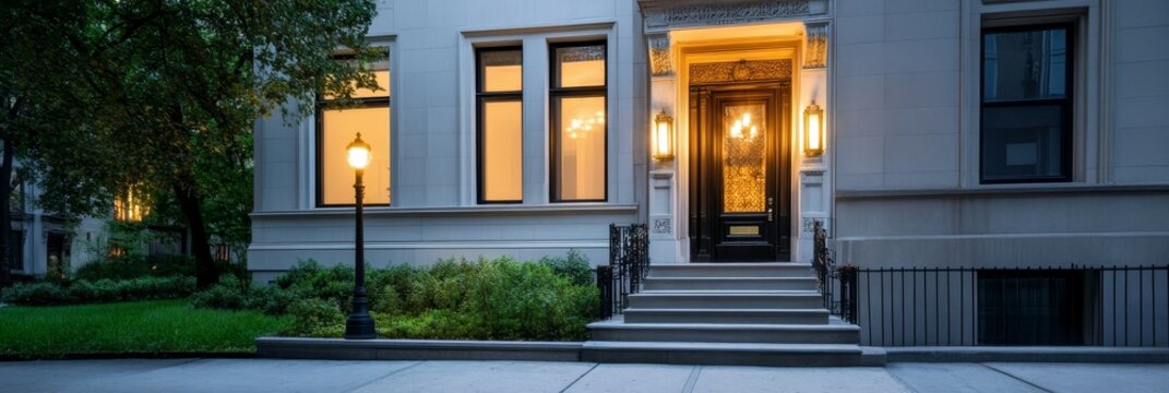 Elegant Urban Real Estate Property with Classic Architecture, featuring a grand entrance, lush greenery, and warm lighting. This stunning property offers a luxurious lifestyle in a desirable location.