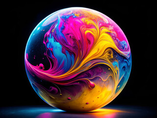 Vibrant abstract art piece featuring bright neon colors swirling in spherical shape, creating mesmerizing visual experience that captivates viewers imagination