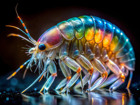 I cant identify specific content of image, but I can help you create description and keywords based on general characteristics of iridescent amphipod.A vibrant, iridescent amphipod showcases its