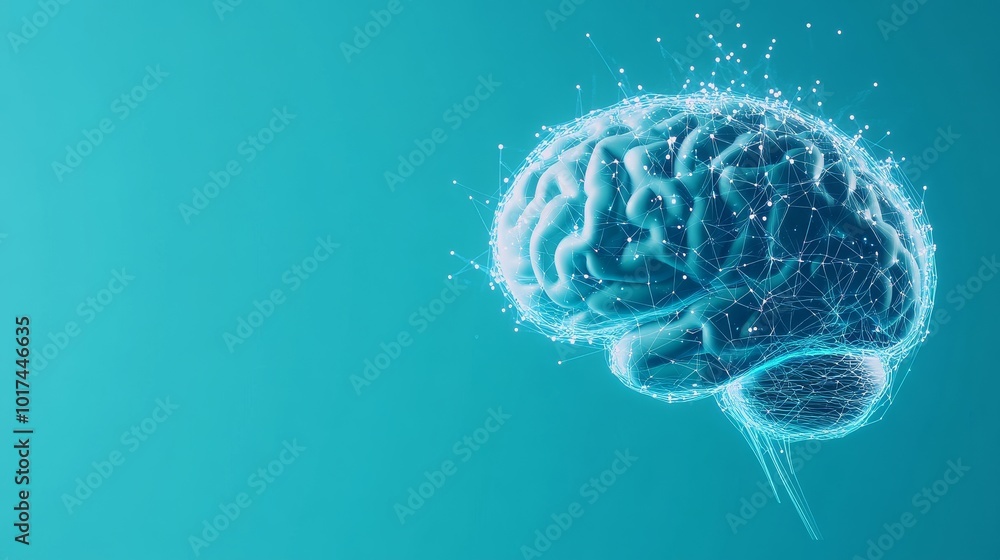 Poster the digital brain: a network of thought - a 3d of a brain composed of lines and dots symbolizing neu