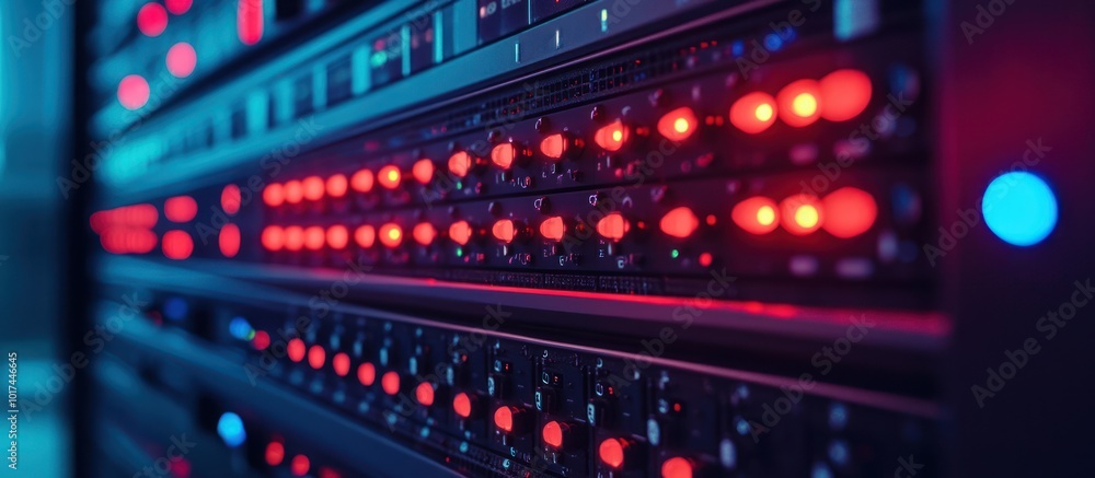 Poster close-up of a server rack with red lights, indicating active processes and data transfer.