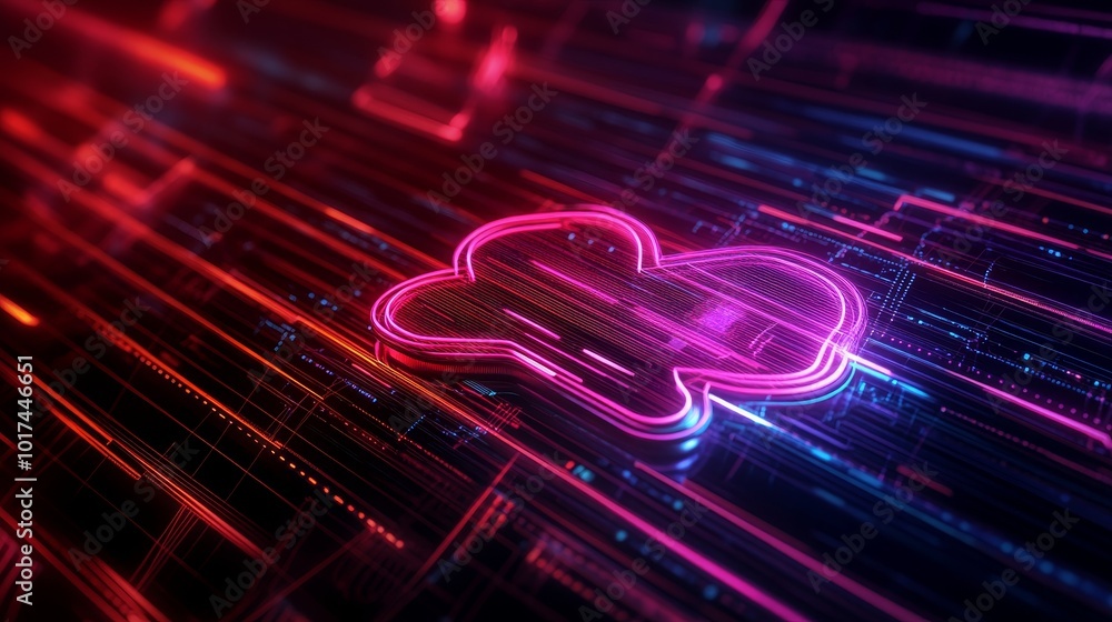 Poster this digital background features an abstract cloud icon in neon lights, representing innovation, tec