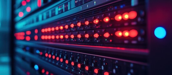 Close-up of a server rack with red lights, indicating active processes and data transfer.