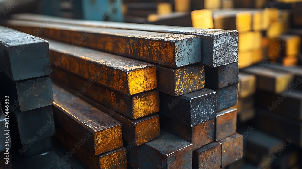 Poster close-up of stacked square metal bars with rough texture and rusty patina.