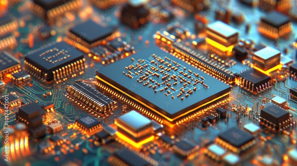 Poster close-up of a circuit board with microchips and electronic components
