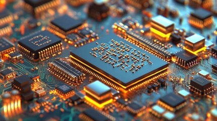 Obraz premium Close-up of a circuit board with microchips and electronic components