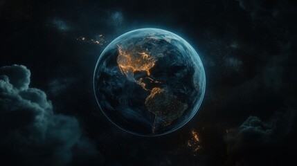 Detailed panoramic image of Earth as seen from space, glowing city lights 