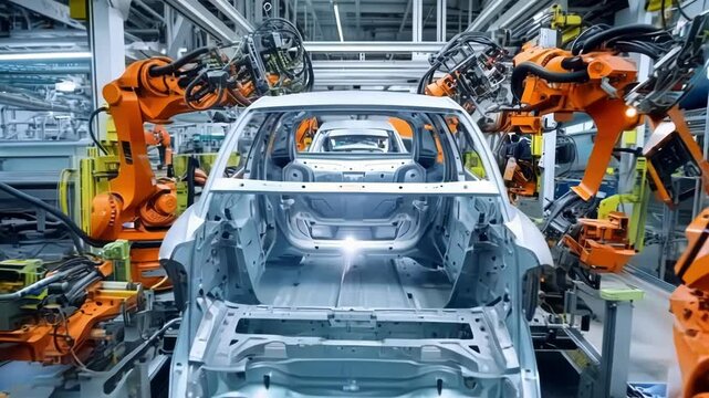 Industrial robots welding a car body on an assembly line in a modern car factory. Sparks are flying around the robots as they work on the vehicle