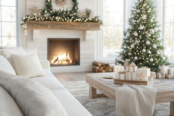 Cozy living room with a Christmas tree, warm fireplace, and festive decorations, perfect for holiday celebrations and winter gatherings.