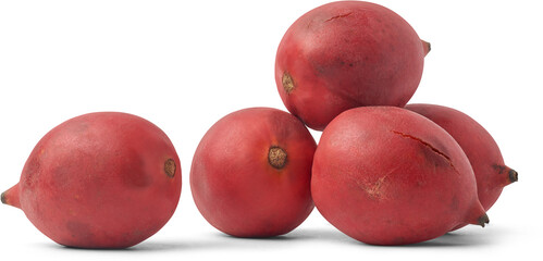 pile of fox tail palm fruits isolated white background, large oval shaped bright red color fruits...