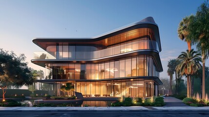 A futuristic, organic-shaped house with large glass windows, minimalistic design, and an elegant landscape.