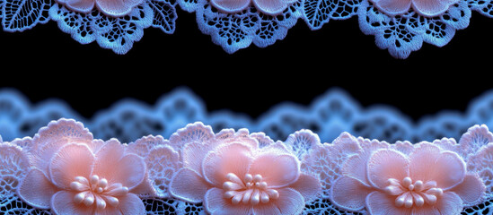 Intricate delicate lace with pink flowers on a blue background