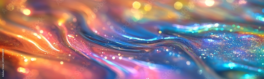 Poster A vibrant, colorful abstract image showcasing flowing patterns with glittering effects, creating a sense of movement and depth.