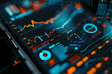 finance icons displayed on a high-resolution smartphone screen with a vibrant stock market graph reflected in the glass
