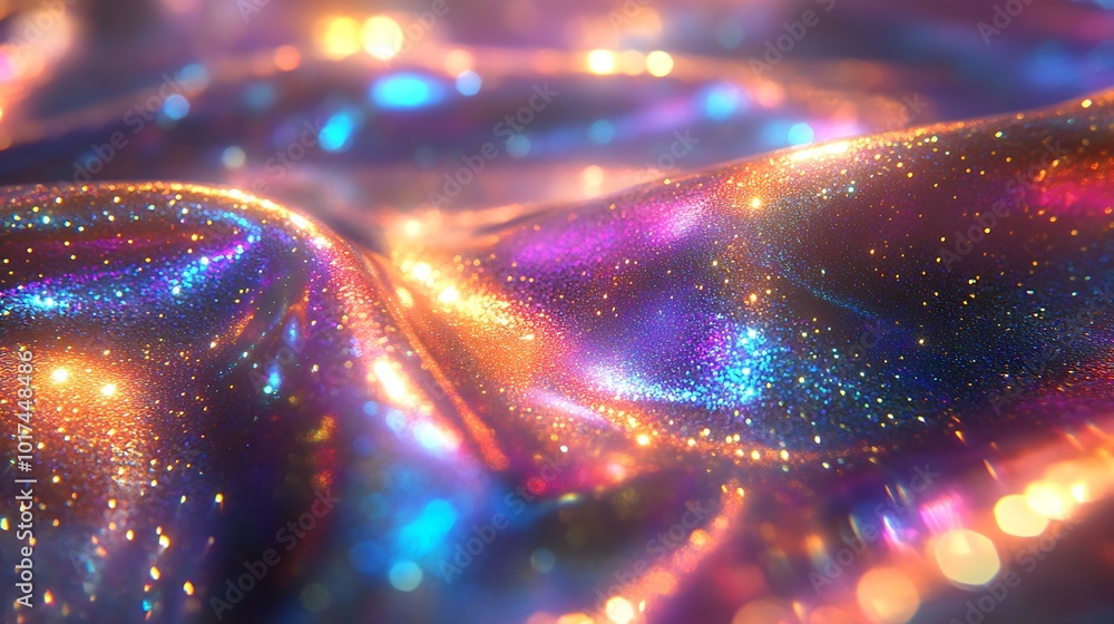 Poster a shimmering, iridescent fabric displays vibrant colors and sparkling textures, creating a dreamlike