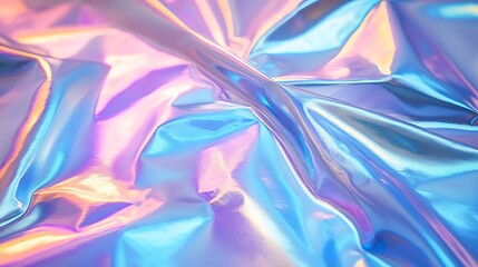 Fototapeta premium A shimmering, iridescent fabric with flowing folds, creating a vibrant play of colors in blue and pink tones.