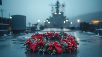 Honoring the Fallen, featuring a wreath laid on a naval ship deck, symbolizing remembrance and respect for those who perished, with copy space, Battle of Angamos