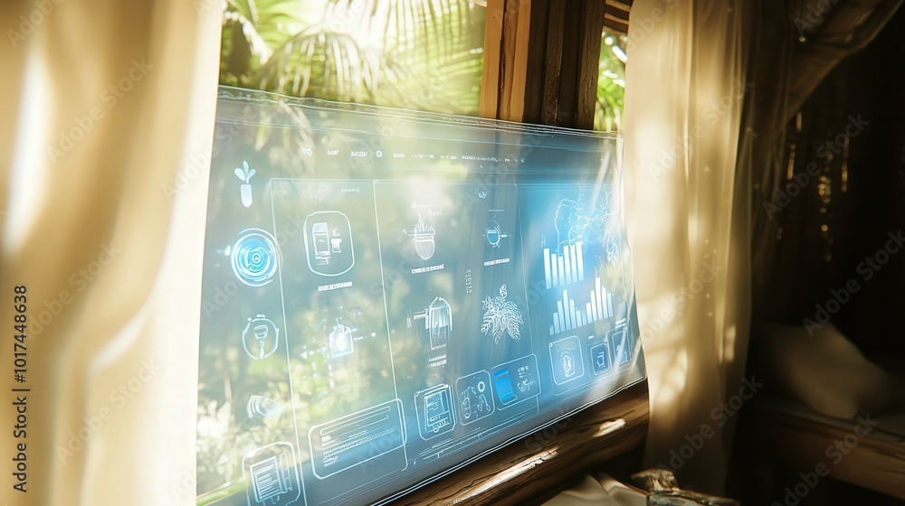 Aufkleber futuristic transparent screen displaying data in a natural setting