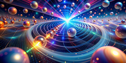 Vibrant abstract rendering of quantum vacuum fluctuations, showcasing colorful spheres and dynamic light patterns. This visually striking image captures essence of energy and motion in cosmic