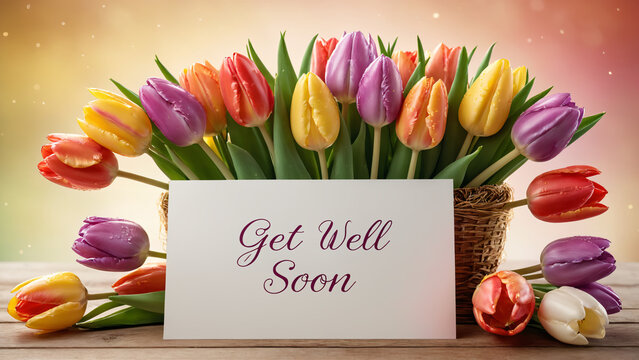 Get well soon card with a heartwarming bouquet of colorful tulip, expressing wish for a speedy recovery.
