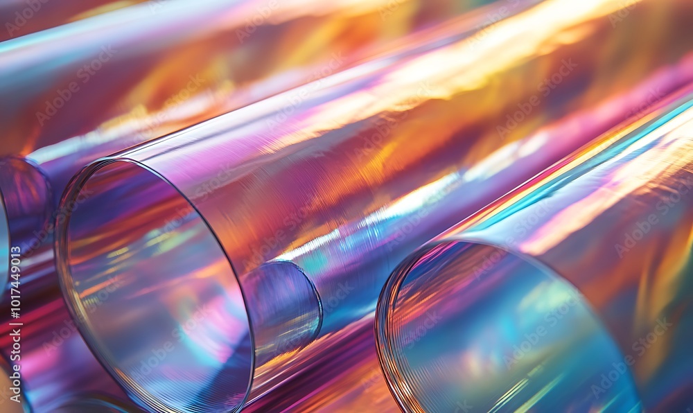 Poster A vibrant close-up of translucent, iridescent tubes displaying shimmering colors, evoking a sense of creativity and modern design.